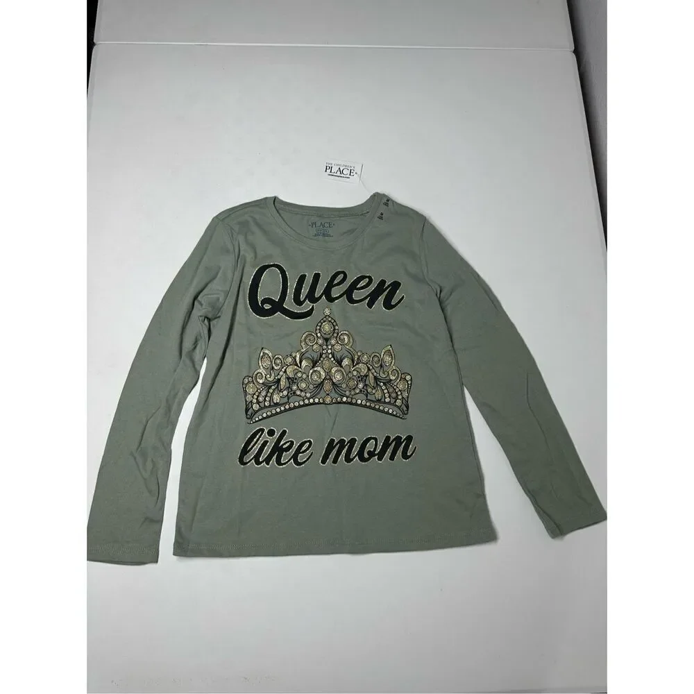 NWT The Children’s Place Girls Queen Mom Graphic Tee Green Glitter Sz M(7-8)